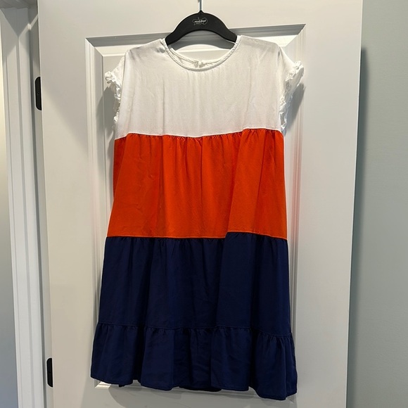 Colorblock Midi Dress - White, Orange, and Blue - Picture 1 of 3